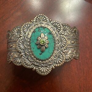 Sterling Silver Turquoise and Peridot Wide Cuff Bracelet